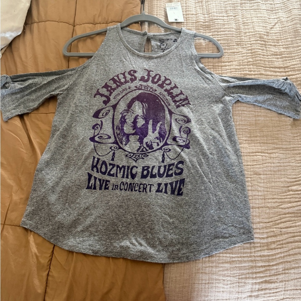 Lucky Brand Gray Cold-Shoulder Janis Joplin Kozmic Blues Graphic Top